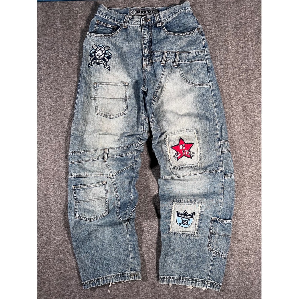 Vintage Noiz Baggy Stonewashed Denim Jeans Embroidered Patches Y2K 32x34